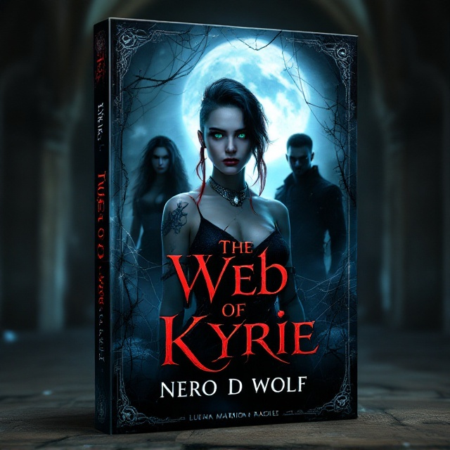 The cover showcases a striking scene illuminated by moonlight filtering through a web-like structure. Kyrie stands in the center, her green eyes piercing with a hint of vulnerability and strength, with her black and red undercut hair cascading on one side. Her collar's silver plate reflects the moonlight. On either side of her are shadowy figures – Nero exuding dominance with his wolf tattoo subtly visible, and Marrion standing confidently with her silver eyes gleaming. Luna and Rachel loom in the shadows, creating an aura of suspense. Gothic arches frame the scene, hinting at a dungeon-like atmosphere.