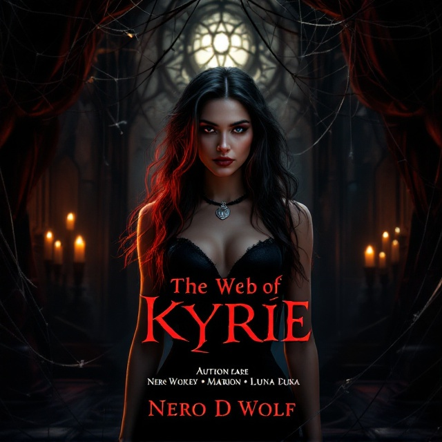 The cover features an intricately designed old theater backdrop, partially obscured by shadowy webs and dim candlelight casting a warm glow that highlights the center space. Kyrie stands in the foreground, her striking black and red hair creating a contrast against the dark background. She's depicted with a confident, alluring expression, her collar with a silver nameplate subtly reflecting candlelight. Behind her, glimpses of the other characters are visible in the shadows, each with a distinctive pose that hints at their role Nero watchfully looming, Marrion provocatively poised, Luna with an intense gaze, and Rachel elegantly distant.