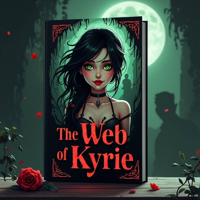 The cover features a central illustration of Kyrie, her striking green eyes piercing through the darkness. Her black and red hair with a rose-designed undercut is subtly highlighted by moonlight. Behind her, a shadowy figure of Nero, his raven hair flowing and wolf tattoo partially visible, is depicted in an imposing stance. In the background, faint outlines of a gothic dungeon fade into silhouettes of webs, adding intrigue and depth. Elements of BDSM are subtly incorporated through the collar and props suggestive of the genre. An ethereal light casts shadows of additional characters, Marrion, Luna, and Rachel, suggestively in the corners to evoke suspense and mystery.