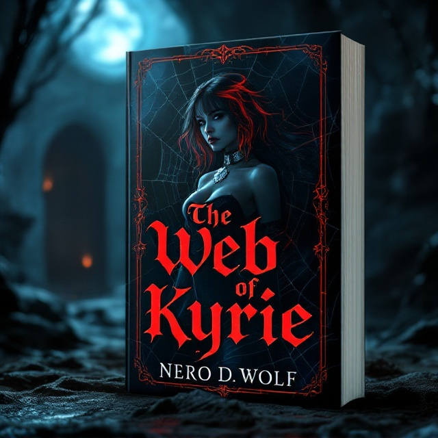 A dark, gothic-themed cover with subtle BDSM elements. The background would feature faint shadows of a spider web and the looming entrance of a dungeon. A dim moonlight casts an ethereal glow over the scene, adding to the dark ambience. In the foreground, Kyrie is prominently displayed, her striking black and red hair, and collar with a silver plate are shown in detail. Scene hints at other characters with subtle, layered silhouettes—Nero's brooding presence, Marrion's confident stance, Luna's psycho gaze, and Rachel's elegant profile woven seamlessly into the web, suggesting the novel's interconnected themes and relationships.