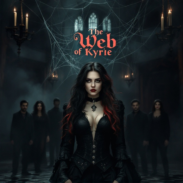 The cover features a dimly lit old theater as the backdrop, casting a shadowy ambiance with flickering candlelight illuminating webs intricately woven between rusted chandelier arms. In the foreground, a mesmerizing depiction of Kyrie is shown, her black and red hair cascading with the rose undercut visible. She stands provocatively, showcasing her gothic attire with the collar and silver nameplate prominently displayed. Silhouettes of the other four characters subtly appear in the background, watching intently, adding layers of suspense and intrigue.