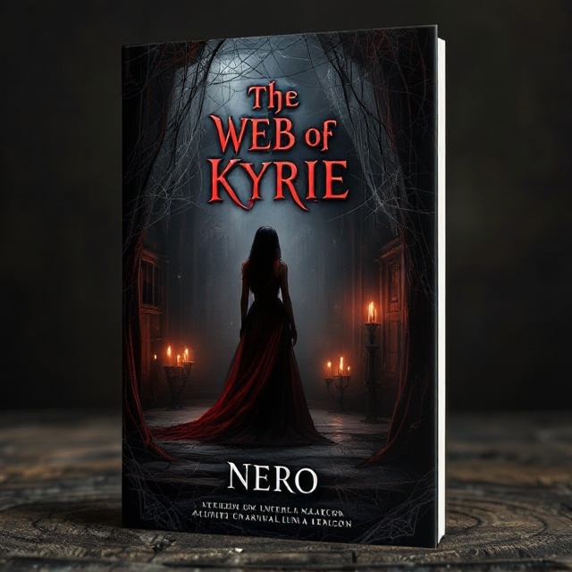 The cover features a dimly lit old theater as the background, with flickering candles casting shadows. Webs are tangled intricately across the stage, suggesting entrapment. Kyrie stands at the center, her black and red hair and gothic style vividly contrasting with the shadows. Nero is slightly behind and to the side, his long dark hair cascading with the theater's gloom. Marrion and Luna stand on either side of the stage in suggestive postures, while Rachel is at a balcony, observing with an enigmatic smile.