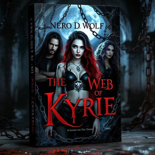 A moonlit dungeon scene with gothic arches and iron chains draping strategically across the cover. Kyrie stands at the forefront, her vibrant black and red hair strikingly contrasted against her pale skin. Her deep green eyes and silver nameplate collar gleam under the moonlight. Nero, with his long dark hair and penetrating dark eyes, stands protectively behind her, his wolf tattoo subtly visible. On the left, Marrion, with her silver eyes and purple hair, leans against an arch in a seductive pose. On the right, Luna's psycho gaze meets the viewer, while behind them, Rachel stands elegantly, set apart by her curly blonde hair. A web-like texture overlays the entire scene, enhancing the sense of entrapment.