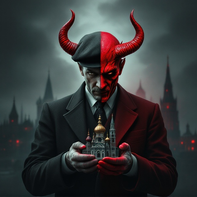The central figure dominates the cover, split into two distinct halves—a 1930s middle-aged businessman dressed in period attire with a beret on one side and his red demonic form complete with horns on the other. His hands clutch a detailed miniature of a Moscow church, casting a shadow suggesting duality. The backdrop is a dim, atmospheric Moscow skyline, shrouded in foreboding colors to evoke fear and dread.
