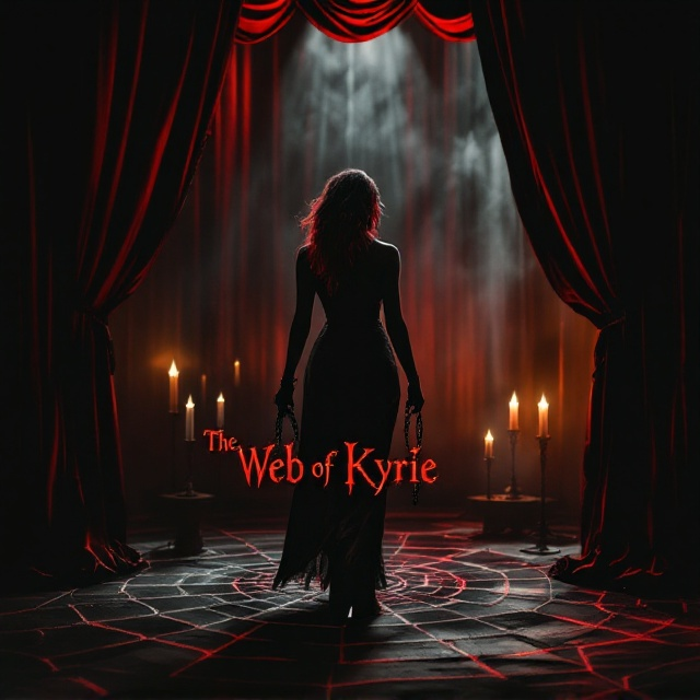 The cover features a dimly lit, old theater stage with thick, velvety black curtains framing the sides. Candles are strategically placed on the stage, casting flickering shadows that form intricate webs on the floor. In the center, a silhouette of Kyrie, with signature black and red hair, stands with chains elegantly wrapped around her wrists, symbolizing submission. Subtle BDSM elements are faintly visible in the background, blending into the shadows to suggest mystery and desire. The shades of black and crimson are dominant, mixing to create an intense, suspenseful atmosphere.