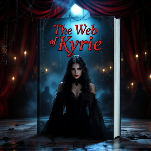The cover depicts a dimly lit, old theater stage shrouded in mystery, with flickering candles casting eerie shadows. At the forefront, webs subtly drape from the proscenium arch. Chains dangle ominously, their metallic sheen catching the candlelight, hinting at submission and restraint. Kyrie stands center stage, her gothic attire accentuated by the spotlight, drawing attention to her striking hair and collar. In the background, shadowed figures hint at the other characters, subtly integrated into the web design.