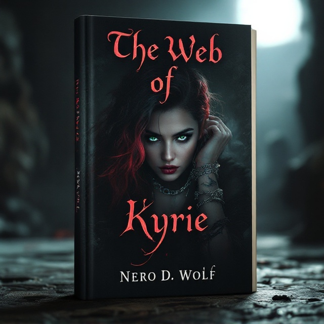 A shadowy dungeon setting illuminated by a sliver of moonlight peeking through a small window. Kyrie is at the center, her distinctive black and red hair with the rose undercut catching the light. Her seductive green eyes are filled with longing and mystery as they lock onto the viewer. Her wrists are gently bound with elegant chains that glint in the low light. The other characters hover in the background, each slightly obscured, adding layers of intrigue. Nero stands protectively behind Kyrie, his wolf tattoo subtly visible.