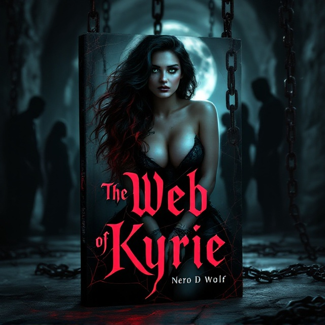 The cover features a dark, moonlit dungeon setting with shadows of thick chains suspended from above. In the foreground, Kyrie is depicted with her distinct curvy figure, her black and red hair cascading around her face, accented by a subtle glow from the moonlight, which catches her green eyes. Her wrists show faint impressions of chains, hinting at restraint. In the background, the silhouettes of the other characters appear, each with unique shadow forms that subtly hint at their distinct features—Nero with long raven hair and a wolf tattoo, Marrion with her distinct curves and hair, Luna’s psycho gaze, and Rachel with her elegant poise. A web-like pattern faintly overlays the entire cover, interweaving with the shadows.