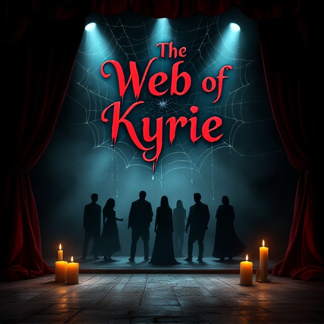 The cover features a dimly lit stage of an old theater with velvet curtains partially drawn back, revealing a scene of five shadowy figures in various poses that suggest their character traits. Candles are strategically placed around the stage, casting flickering lights that form thin webs of shadows against the backdrop. A silver spider web is integrated into the design, emanating from the center and branching outwards.