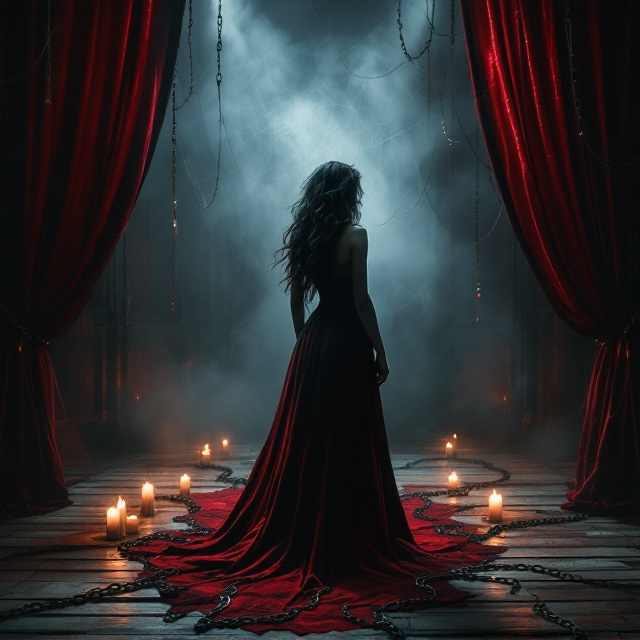 A dark, dimly lit old theater with aged red velvet curtains and whispery webs hanging in the corners. The foreground is dominated by Kyrie standing confidently, her black and red hair catching the subtle glow of the surrounding candlelight. Chains are artistically sprawled across the wooden floor, leading the eye to Nero, whose shadowy presence is cast against the back wall. The other characters, Marrion, Luna, and Rachel, subtly emerge from the shadows, each exuding their unique allure. The overall visual is a mix of gothic and suspenseful, capturing the dominant and submissive elements.