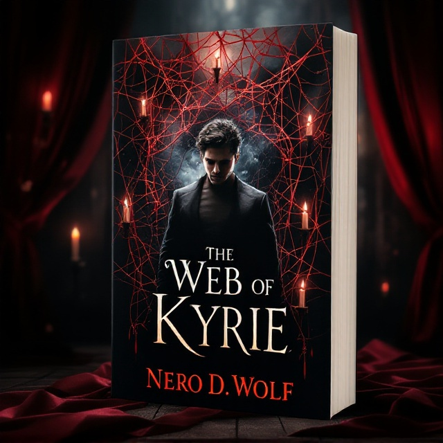 The cover features a dimly lit, aged theater backdrop with flickering candlelight casting shadows. In the foreground, there's a suggestive web made of crimson silk threads that seem to entangle around the characters partially. Kyrie, stands prominently in the center, highlighted by the lighting, wearing her distinctive collar. Nero stands closely behind her, his features shadowed to convey obsession. Nearby, Marrion, Luna, and Rachel are artistically intertwined in the web, each conveying their unique style and persona. The overall scene is bathed in dark, deep tones to evoke suspense and allure.