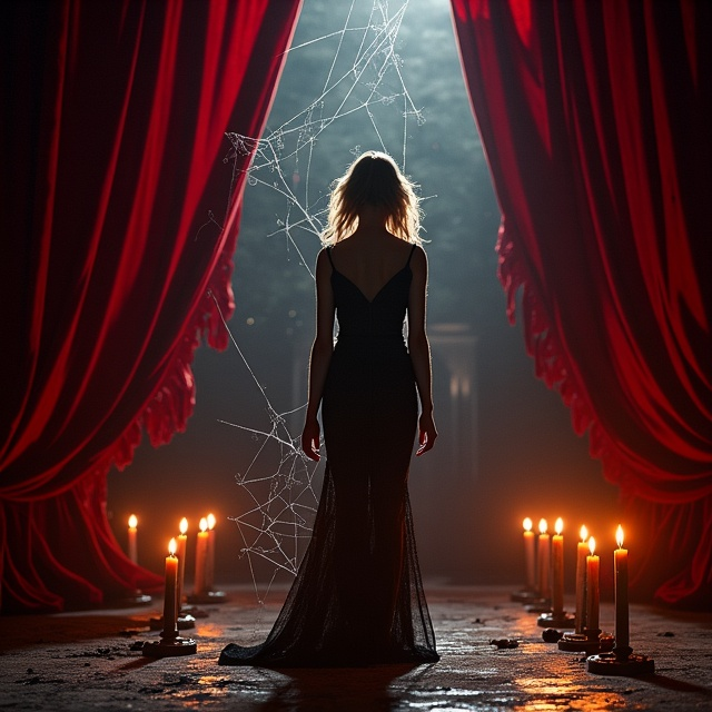 A dimly lit old theater stage set with an array of burning candles casting flickering shadows across the red velvet curtains. Intricate webs string across the foreground, partially obscuring a submissive figure—Kyrie—adorned with her described features and collar prominently displaying her name. The other characters' shadowy silhouettes are subtly visible in the background, hinting at their presence while keeping the focus on Kyrie. Each silhouette represents a different personality by incorporating distinct features Nero stands with his wolf tattoo visible, Marrion's silhouette is shaped to accentuate her curves, Luna's is small yet intense, and Rachel's is streamlined, reflecting her elegance.