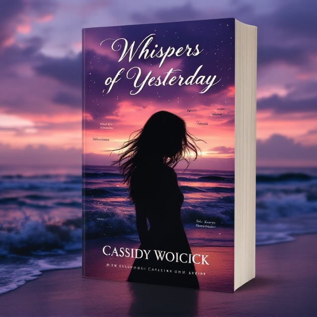 The cover showcases a silhouette of a girl standing on a windswept beach at twilight. The sky is a blend of deep purples and oranges, indicative of a setting sun. The waves crashing onto the shore add an element of motion and suspense. There's an air of mystery, as the girl's face is partially hidden by windswept hair. Faint whispers of text flow through the sky and water, hinting at secrets from the past.