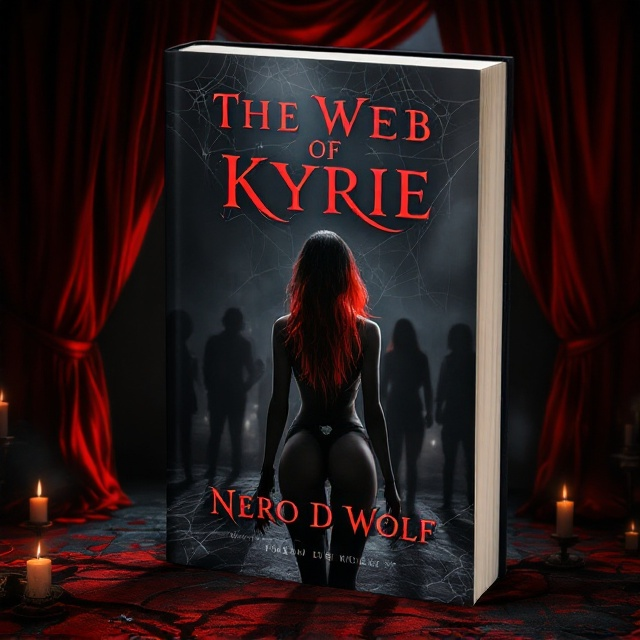 The cover features an old, dimly lit theater with a thick red velvet curtain partially drawn, revealing shadows of five figures in the foreground. Kyrie stands at the center, spotlighted, her vivid black and red hair distinct against the subdued background. She wears a revealing gothic outfit with a silver nameplate collar. Around her, symbolic elements subtly appear—a web forming near her, candles casting mysterious glows, and glimpses of BDSM accessories hinting at darker themes. The atmosphere is eerie, with threads of tension and seduction permeating the scene.