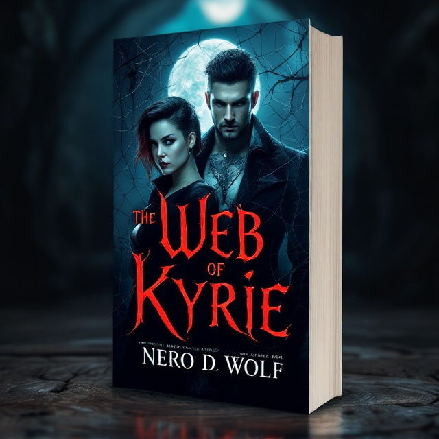 A moonlit gothic dungeon setting with intricate web patterns weaves through the background. Kyrie, prominently positioned with her distinct black and red hair and undercut, draws focus, her collar with the silver nameplate glinting under the moonlight. Nero stands protectively behind her, showcasing his wolf tattoo at the forefront. Marrion, Luna, and Rachel are subtly positioned in the shadows, adding layers of intrigue, with their signature looks faintly illuminated by the moon's glow.