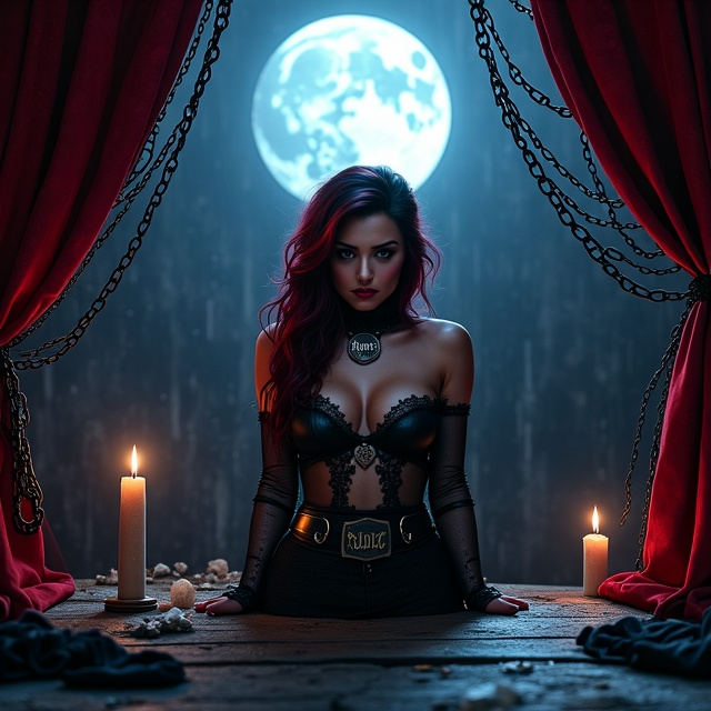 A moonlit gothic theater stage sets the background, partially engulfed in shadows, with cobwebs spanning across the corners. Center stage is Kyrie, under a spotlight, with vivid black and red hair that catches the eye, wearing a collar with her name “Kyrie” etched on a silver plate. Her wrists are subtly bound by chains. Nero and Marrion flank her, with deep shadows emphasizing their dramatic presence. Overhead, the subtle outline of a web, with strands appearing to connect each character, underscores the intricacy of their relationships. In the foreground, dim candlelight casts an ambient glow, while Luna and Rachel are partially visible, peering from the theater seats with enigmatic expressions.