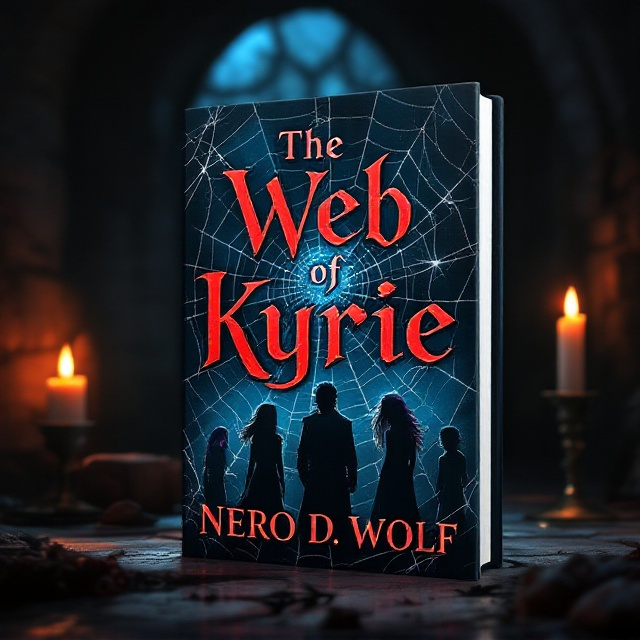 A dark and shadowy dungeon setting dominates the background, with candlelight casting flickering shadows across stone walls. In the foreground, a spider web shimmers, catching the dim light and hinting at entanglement. Each character has a shaded silhouette at different parts of the web, capturing their distinct attributes—Kyrie with her striking hair and collar at the center, surrounded by the figures of Nero with his long hair and tattoo, Marrion with her vivid purple hair, Luna with her eerie gaze, and Rachel’s elegant stance. The color theme plays heavily on black, red highlights, and subtle metallics to emphasize the gothic and suspenseful aura.