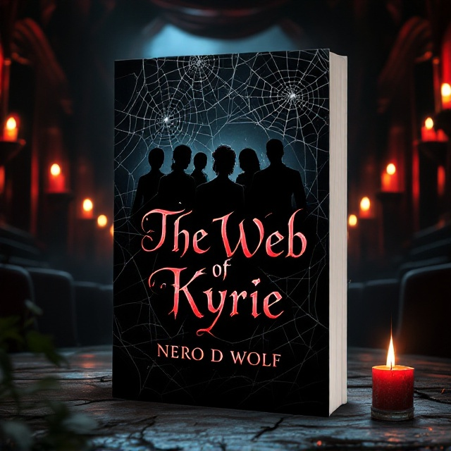 The cover features an old, dimly lit theater as the backdrop, with flickering candles casting eerie shadows. In the foreground, intricate spider webs weave through the theater seats, symbolically binding the characters. Five shadowy silhouettes, each suggestive of one of the five key characters, are subtly incorporated into the web, with their distinctive features hinted at through silhouettes and hints of color. Kyrie's silhouette, being central, is more defined, emphasizing her gothic style and distinct features like the rose undercut. The overall tone is dark and mysterious, with suggestions of seductive danger.