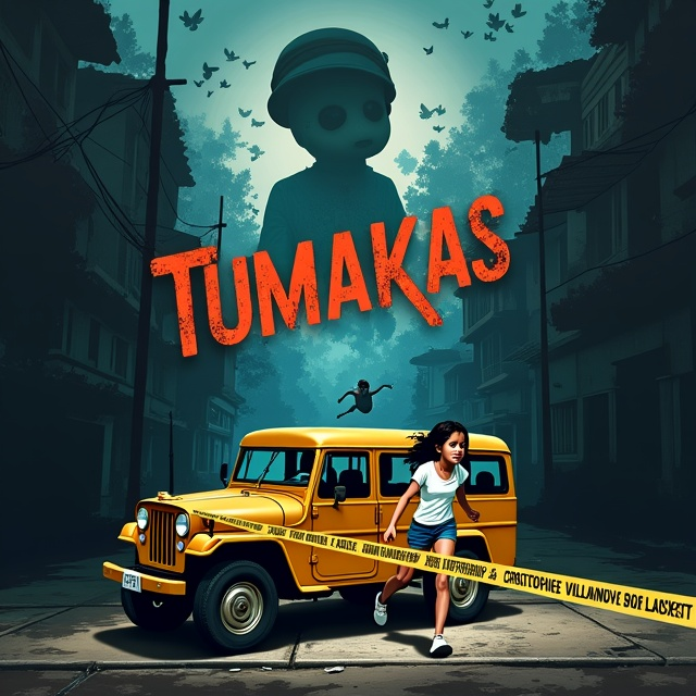 A dark, ominous background featuring silhouettes of a sprawling Poblacion neighborhood. In the foreground, a young girl is captured mid-stride, running with an expression of terror and determination. Behind her, the abstracted figure of a grotesque ghostly form looms, subtitled with cryptic, haunting details symbolizing the Marcos Dictatorship—chains, a silhouette of a military cap, and historical imagery. The front and center element is a vibrantly colored Philippines jeepney slightly askew, its vivid colors contrasting the sinister aura. A police tape is draped across the lower cover, partially wrapping the girl and jeepney, alluding to a crime scene.