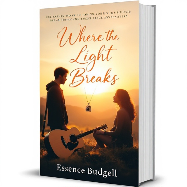 The cover features a silhouette of a couple facing away from one another, the acoustic guitar placed beside them on the ground, against a soft, golden sunset. A vintage camera hangs from a strap around one of their necks. The background is a gentle gradient from warm golden tones to deep, twilight blues, suggesting both breaking light and emotions.