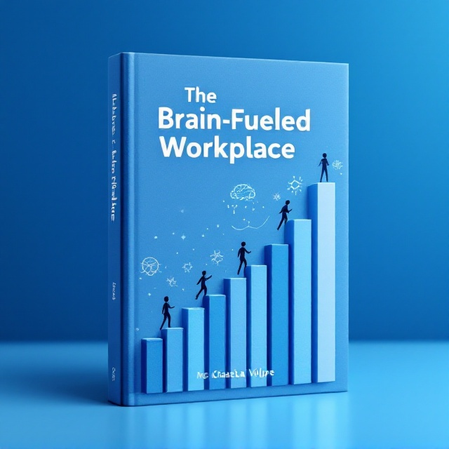 A vibrant blue backdrop serves as the primary canvas. On the right side, a dynamic bar chart is growing horizontally, crafted with soft blues and whites. Around the bar chart, hand-drawn stick figures are scaling the bars, depicting a sense of achievement and progress. The title "The Brain-Fueled Workplace" is prominently placed above the chart in large, smart serif font. Subtle, cerebral symbols, like neurons and brain patterns, faintly decorate the background, enhancing the scientific theme.