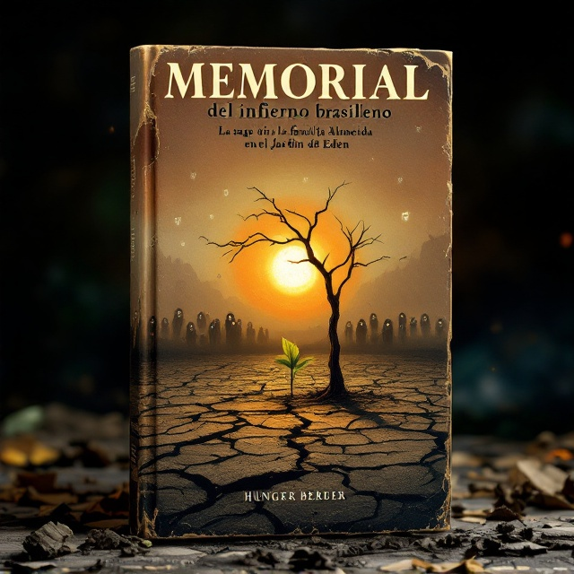 A stark, barren landscape stretches across the cover, illustrating cracked earth and a blazing sun oppressive in the sky. In the foreground, a scraggly tree with one bright leaf symbolizes a glimmer of hope amid the desolation. Scattered throughout, faint images of ghostly faces appear against a hazy background, representing the suffering and endurance of the Almeida family.