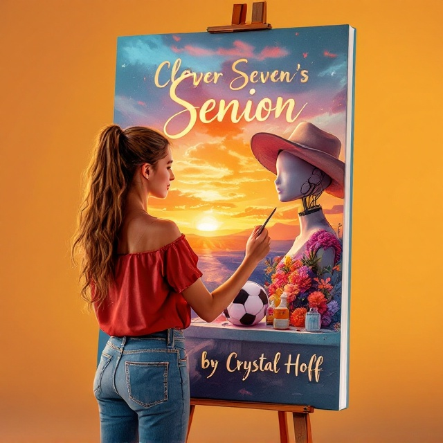 A young woman, Emily, stands poised with a paintbrush in her hand, painting a lively mural on a large, poster-like canvas. The mural depicts elements of her life—an elegantly detailed cowgirl hat, a spirited soccer ball, and a vintage dress mannequin. The sunset colors gently ripple across the scene, amplifying the emotions of sadness, happiness, and reflection.