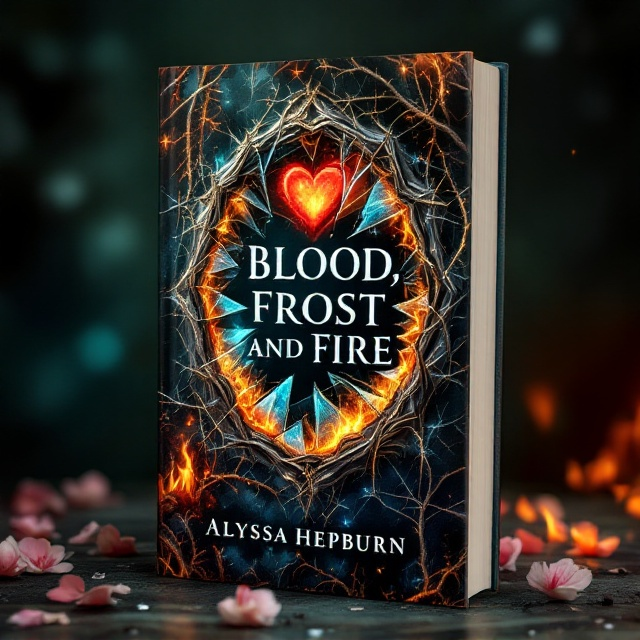 The cover features a shattered, semi-transparent mirror at its center, where each shard uniquely reflects vibrant scenes of the story's elemental artifacts iridescent heart, thorny vines, swirling flames. The vines weave around the mirror, with thorns that subtly glint. The left showcases a glowing iridescent heart surrounded by petals, while on the right, fiery flames erupt, casting intense shadows that dissolve into the deep greens and blacks of the background.