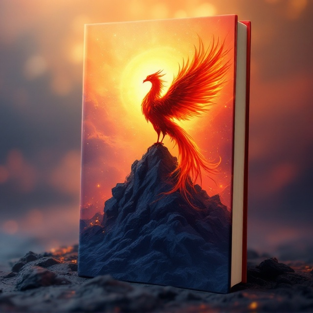 A phoenix rising from the ashes set against a sunrise backdrop. The phoenix is detailed, with vibrant colors transitioning from deep reds and oranges to soft yellows as it ascends. The background consists of a subtle sunrise gradient that moves from dark night blues at the bottom to light morning pinks and oranges at the top.