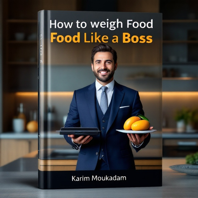 A charismatic business executive in a sharp navy-blue suit stands confidently in front of a modern kitchen island. In his left hand, he holds a sleek designer food scale, perfectly balanced, while his right hand playfully presents a vibrant, ripe mango. The kitchen is contemporary with polished wooden cabinets and stainless-steel appliances. Warm lighting creates an inviting ambiance, enhancing the sense of wisdom and success associated with mastering food measurement.