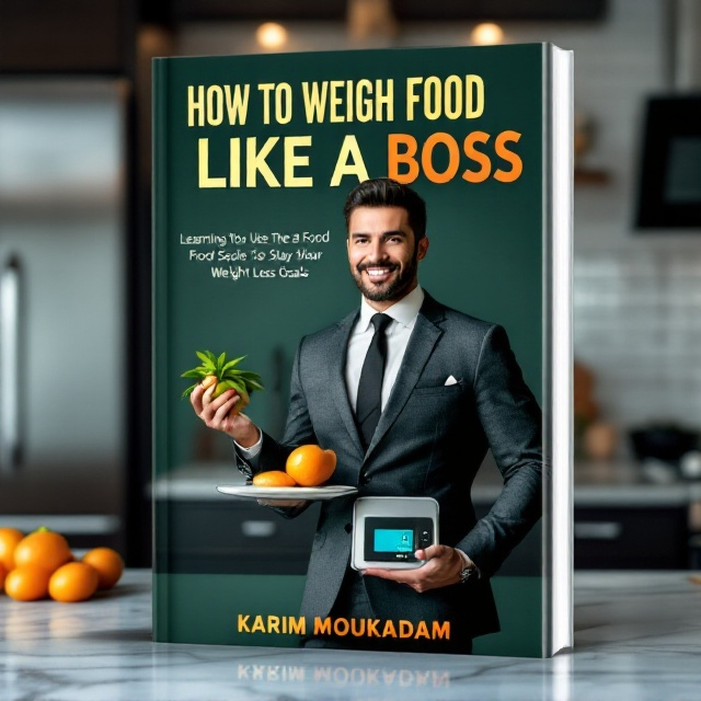 A sharp, modern depiction of a business executive in a tailored suit stands confidently at the center of the cover. In one hand, they hold a sleek digital food scale, and in the other, a perfectly ripe mango. The background features a stylish, contemporary kitchen, with stainless steel appliances and a polished marble island, creating a professional ambiance. The color palette features rich tones of emerald green, silver, and deep orange to evoke success and energy.