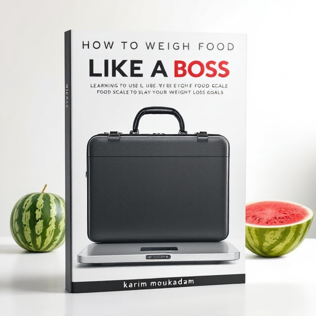 A sleek and professional cover featuring a black executive briefcase prominently in the center. To its left, a glossy, modern-looking small countertop food scale is positioned, and to its right, a vibrant, fresh watermelon. The objects are set against a clean, white background, creating a minimalist yet striking visual style. The lighting enhances the textures of the briefcase, the metallic shine of the scale, and the juicy freshness of the watermelon.