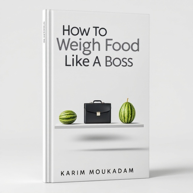 A small countertop food scale, a black executive briefcase, and a bright green watermelon are all depicted floating in mid-air against a stark white background. The objects are aligned in a row, creating a sense of balance and progression. The cover exudes a feeling of buoyancy and achievement, suggesting that mastering the scale is a straightforward yet empowering journey.