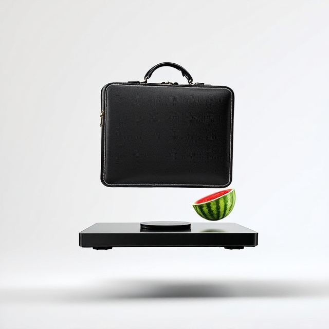 A striking cover featuring a black executive briefcase floating centrally against an all-white background. To its left, a sleek counter top food scale hovers, accentuating the contrast. On the right of the briefcase, a perfectly ripe watermelon floats, adding a splash of color and whimsy to the composition. The overall arrangement creates a sense of achievement and mastery in weight loss and food management.