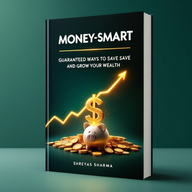The cover displays a sleek gradient background transitioning from deep navy blue at the top to emerald green at the bottom. In the center, a glowing upward-trending line graph is subtly integrated with a series of golden coins spiraling around a stylized, slightly reflective dollar sign, conveying a sense of elevation and growth. A polished 3D piggy bank is positioned in the lower right corner, with a stack of books leaning gently against it, representing the value of financial literacy. The visual style is minimalistic yet striking, evoking a sense of professionalism and authority in personal finance.