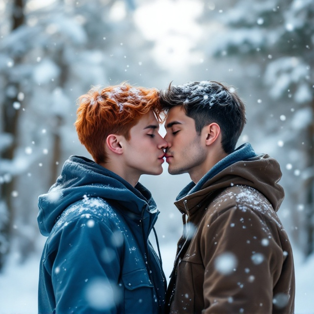 Against a soft, snowy background with gently falling snowflakes, the two boys are prominently featured at the center. The setting is a serene winter forest with snow-draped trees. The 15-year-old boy has a calm expression, eyes looking forward and slightly to the side, while the 17-year-old leans in slightly with a gentle, almost playful expression as they share a hidden kiss. The colors are vivid with contrast – the bright red hair and blue hoodie of the younger boy against the deep browns and blacks of the elder's attire, drawing attention to their connection amidst the tranquil scenery.