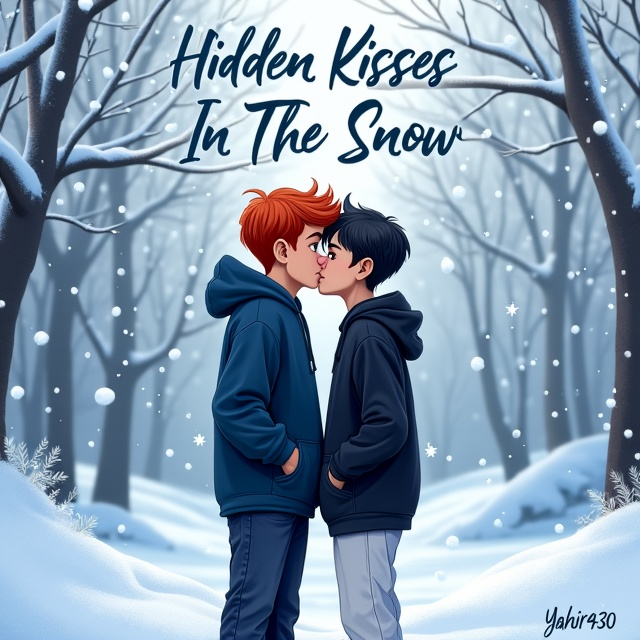 A snowy landscape with gently falling snowflakes is the background. In the foreground, the two characters are centrally placed. The 15-year-old boy stands on the left with his bright red hair contrasting vividly against the snow. He's wearing a navy blue hoodie and jeans. The 17-year-old boy is on the right, just about to kiss the younger boy, dressed in a black hoodie and white pants. Their expressions are tender, capturing a moment of youthful romance. Surrounding them are snow-laden trees, adding to the wintery, intimate feel.