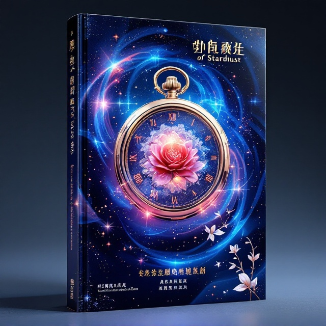 The cover showcases a swirling time-space vortex in Klein blue and rose gold gradient. At the center, a shattered mechanical gear pocket watch floats with a crimson eternal rose emerging from its cracked face. Star dust particles subtly shimmer through the gear gaps. In the left upper corner, a radiant light burst contains handwritten "Chronicles of Stardust". The bottom features a fading Möbius strip entwined with a DNA double helix, while pixelated silver ginkgo leaves and binary code flow from the right lower corner.