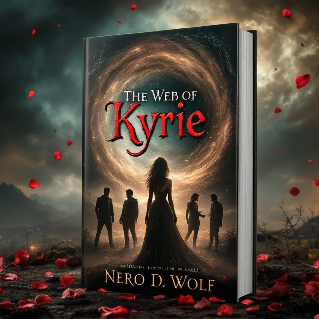 The cover features a mysterious landscape under a stormy sky, where a whirlwind subtly spirals with rose petals interspersed throughout. Kyrie stands dominantly in the foreground with her distinct hair and style, casting a captivating shadow. Nero, with his wolf tattoo visible, gazes intently towards Kyrie, while Marrion, Luna, and Rachel are depicted in shadowy outlines around them, contributing to the enigmatic and seductive aura.