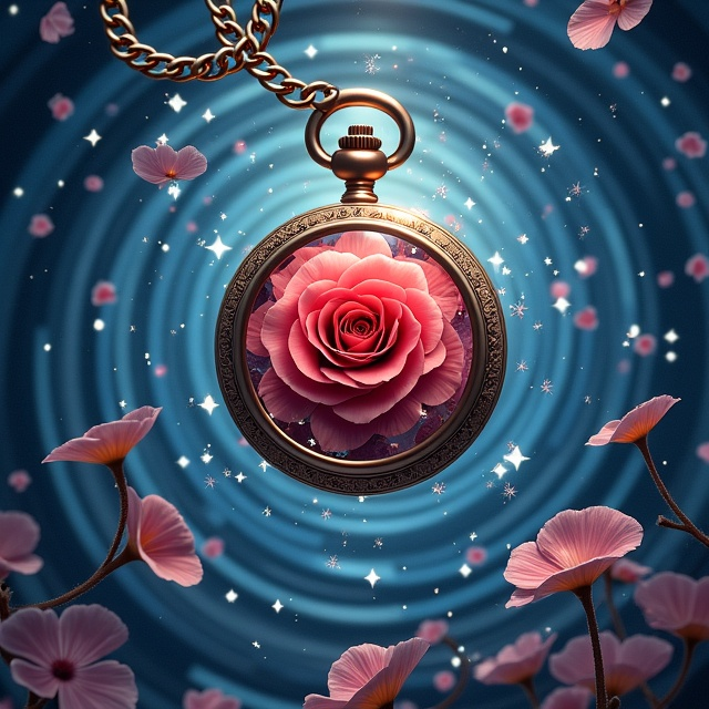 The cover features a vivid, swirling background of overlapping gradients blending Klein Blue and Rose Gold, forming a mesmerizing time-space vortex sweeping across the canvas. At the center of this vortex, a cracked, floating mechanical gear pocket watch emanates a soft, golden glow. Its fractured glass reveals a blooming, intensely crimson eternal rose, its petals glinting with metallic edges. Between the spaces of the pocket watch's intricate gears lingers an ethereal sprinkle of stardust particles, shimmering faintly. The upper left corner contains a radiant burst of light, housing the handwritten English text "Chronicles of Stardust." The lower right corner shows disintegrating silver ginkgo leaves with pixelated outlines, cascading above gently flickering binary code streams. At the bottom, a subtle Möbius strip entwines with a luminescent DNA double helix spiraling into infinity.