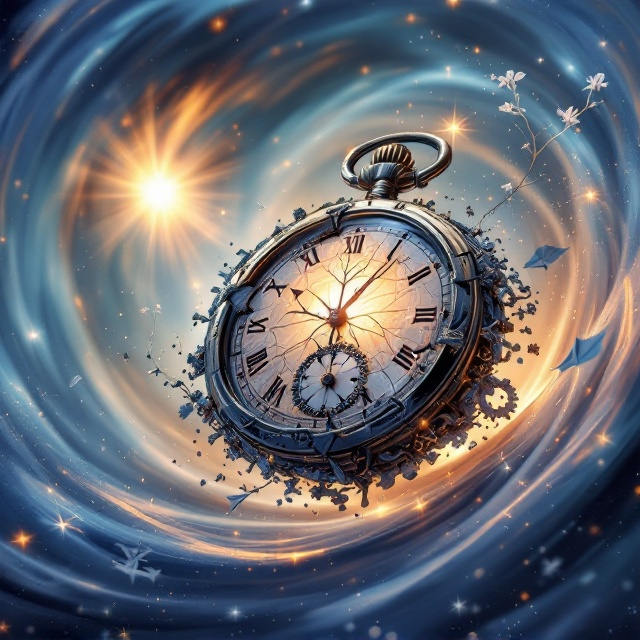 - A swirling vortex of 克莱因蓝 (#021F59) and玫瑰金 hues dominates the background, creating a dynamic and abstract representation of space-time. - At the center, a mechanical pocket watch floats, shattered into fragmented gears, with its cracked face glowing softly as a single鲜红的永生玫瑰 grows through its fissures. - Star dust particles shimmer faintly between the gears, adding a sense of otherworldliness. - The top left section features an ethereal light burst, framing a delicate hand-drawn calligraphy version of the title, “时空旅恋.” - The bottom of the cover fades into visual layers of a Möbius strip entwined with a DNA helix structure, its subtle glow blending into the background. - Silver ginkgo leaves and binary code appear pixelated, dispersing near the bottom-right corner to emphasize the overlap of natural and digital realms.