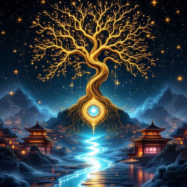 An ancient Chinese bronze tree with sinuous branches dominates the top third of the cover, interwoven with fine quantum circuits glowing in gold and cyan hues. At the center hangs a luminous jade pendant, radiating fractal light beams in intricate patterns, subtly blending into a star map that spans the background—combining the traditional 二十八宿 constellations with faint outlines of modern constellations. The lower section presents a Tang dynasty palace, its architecture gradually transitioning into a glimmering, futuristic digital cityscape. In the foreground, a silk scroll hovers diagonally, its surface displaying Schrödinger equations in oracle bone script. A neon-blue river flows horizontally, cutting through the spacetime rift in the middle, creating dynamic depth. The overall lighting is cinematic with dramatic shadows and glows, accented by intricate steampunk details surrounding components of the tree. The color palette is dominated by cyan and gold, with subtle infusions of quantum purple for highlights.