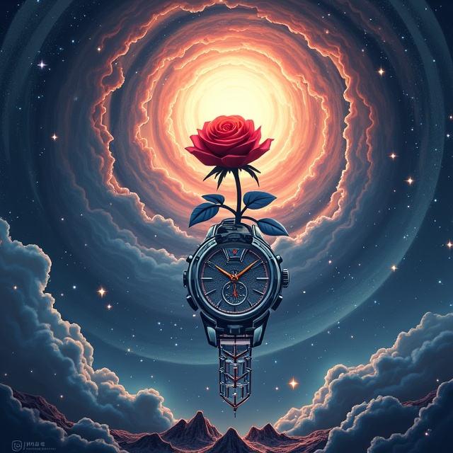 A radiant, swirling vortex dominates the background, merging Klein blue and rose gold in a transcendent gradient resembling a cosmic whirlpool. At the heart of the vortex, a shattered mechanical gear-watch floats midair, its cracked face sprouting a blood-red rose that defies artificiality. Between the gears, faint stardust particles shimmer and flow, creating glimmers of light like pixels dissolving in space. The upper-left corner features a subtle, ethereal sunburst where the hand-sketched Chinese title "时空旅恋" is delicately embedded. A series of pixelated ginkgo leaves and binary code drift like dissolving memories in the bottom right corner. A Möbius strip entwined with a glowing DNA double helix hovers faintly at the bottom edge, semi-blending into the vortex.