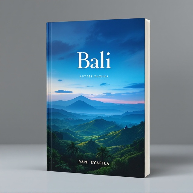 A stunning scenic photograph of Bali's iconic landscape—lush green volcanic hills fading into the horizon, beneath a blue or purplish dusk sky with soft clouds and gentle transitioning tones. A faint glimpse of palm trees and temple silhouettes emerges at the bottom to represent culture and destination.