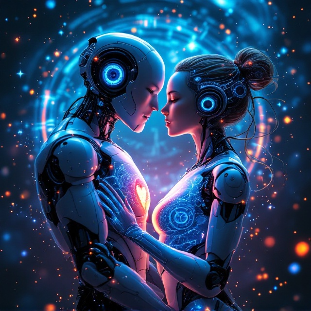 Two semi-mechanical humanoid robots, representing the male and female protagonists, are depicted in a tender embrace in the center of the cover. The male robot holds the female robot from behind, both of them slightly tilting their heads toward each other, their glowing eyes locking. The female robot’s flowing hair transforms into faint streams of data particles. The male robot’s transparent chest cavity reveals intertwining glowing gears and a pulsating red heart. The robots feature a sleek metallic silver sheen with intricate transparent circuits glowing faintly in neon blue. The background is a swirling starry galaxy intertwined with fragmented clock visuals and golden particles, adding dynamics to the "time travel" aspect. Faint flows of code streams cascade throughout the background, subtly blending with the abstract scenery.