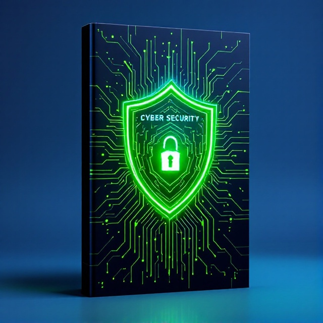 A futuristic design featuring a glowing digital shield at the center with intricate circuit board patterns surrounding it, fading subtly into the background. The shield symbolizes protection, while the circuit board patterns represent the technical aspect of cybersecurity. The color palette is a mix of deep navy blue and vibrant neon green, evoking a sense of technology and learning.