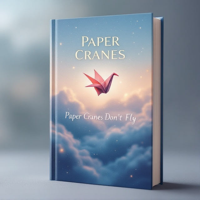 A delicate origami crane suspended mid-air, bathed in gentle twilight colors, with soft wisps of clouds in the background. A subtle glimmer of stars begins to appear around the crane, adding a touch of magic to the otherwise serene scene. The lower half of the cover fades into a deep blue hue, creating a gradual transition that evokes a sense of hope.