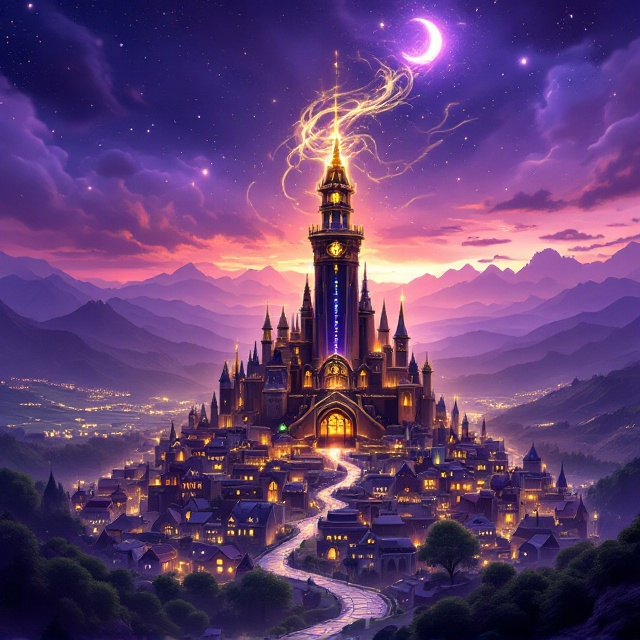 A sprawling fantasy city glows under a twilight-lit sky of purple and gold hues. The city is nestled in rolling green hills, with intricate cobblestone streets weaving between quaint, storybook-like houses. Rising dramatically in the center is a towering battle tower topped with glowing runes, exuding power and mystery. Ethereal wisp-like forms swirl in the air, suggesting magic and otherworldly charm. A crescent moon and faint stars add a celestial touch above.