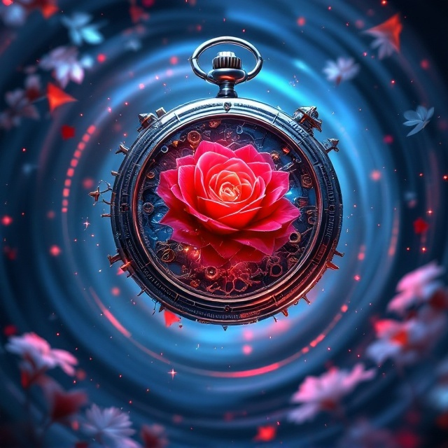 - A swirling background with the fusion of Klein Blue (dark blue) and Rose Gold gradients forming an abstract time-space vortex. - At the center, a fragmented mechanical pocket watch floats, with a circular crack revealing an Eternal Red Rose blooming from its core, exuding radiance. - Around the watch, scattered clockwork gears are embedded with faint cosmic stardust particles glowing softly. - The edges contain a delicate combination of pixelated silver ginkgo leaves breaking into binary code trails. A Mobius strip intertwined with a DNA helix lies faintly at the bottom, blurred into the vortex.