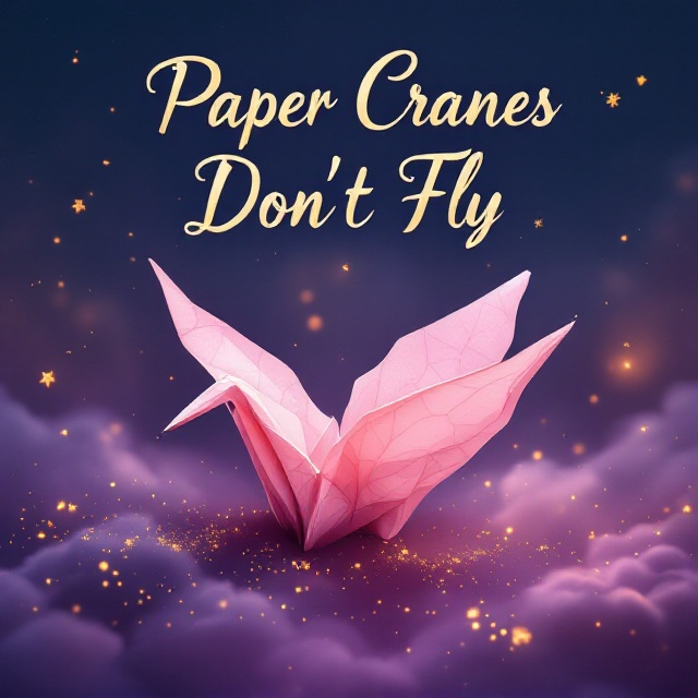 A large blush pink paper crane with slightly crumpled edges is centered on a deep purple background. Flecks of gold shimmer around the crane, creating a magical and ethereal aura. In the backdrop, there's a gentle gradient transitioning from deep blue at the top to purple, suggesting a dreamy night sky. Small wisps of cloud, softly lit by a nonexistent moon, add a mystical touch.